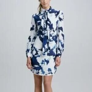 Troubadour Neiman Marcus Jabow Blue Inkblot Print Long Sleeve Silk Shift Dress